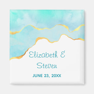 Tranquil Tropical Green with Gold Border Wedding Magnet