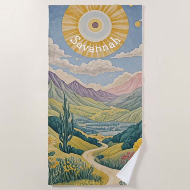 Tranquil Valley: Pastel Landscape Beach Towel (Front)