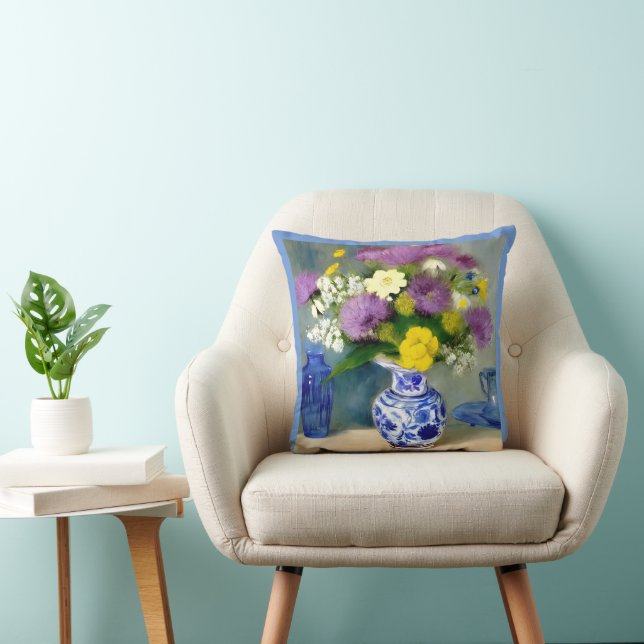 Tranquil Vase of Flowers Print Throw Pillow (Chair)