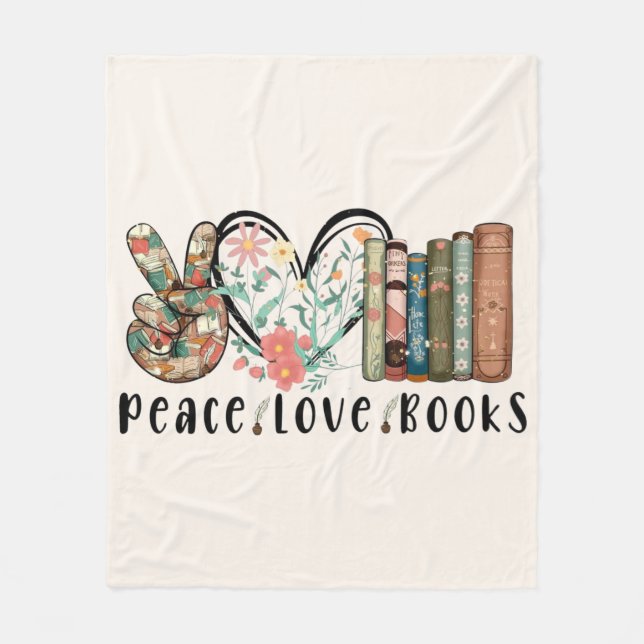 Tranquil Vibes: Peace, Love, and Books Fleece Blanket (Front)