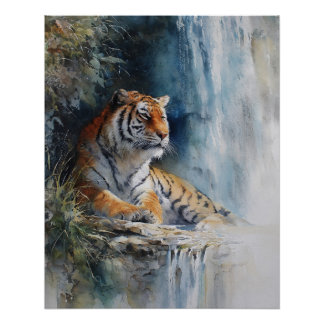 Tranquil Waterfall Tiger Misty Cliff Art Poster