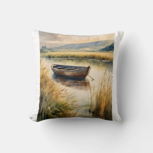 "Tranquil Waters: A Weathered Boat Pillow Design"