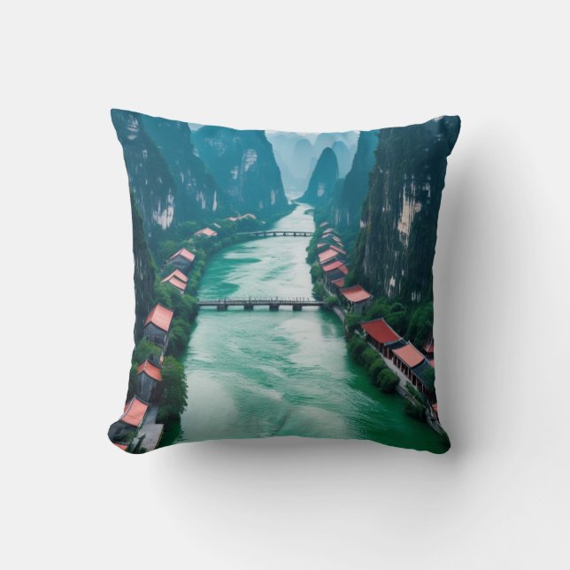 Tranquil Waters & Peaks – Scenic Escape Throw Pillow (Front)