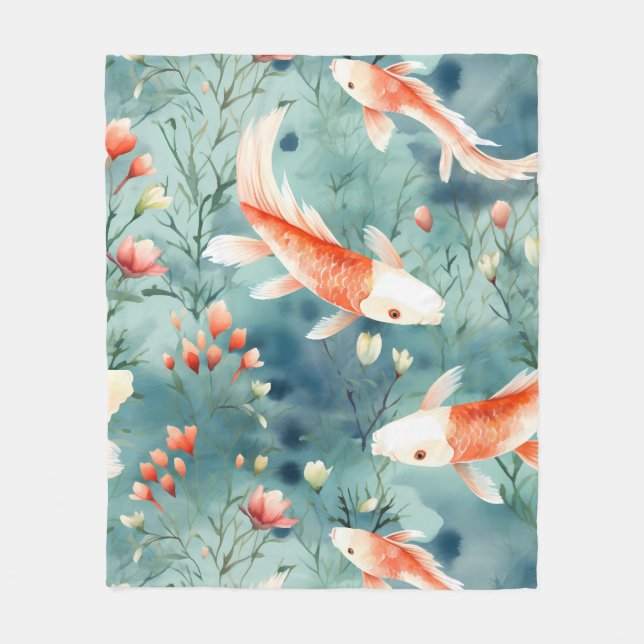Tranquil Waters: Watercolor Koi Fish Pattern  Fleece Blanket (Front)