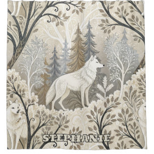 Tranquil Winter Forest Scene with White Wolves