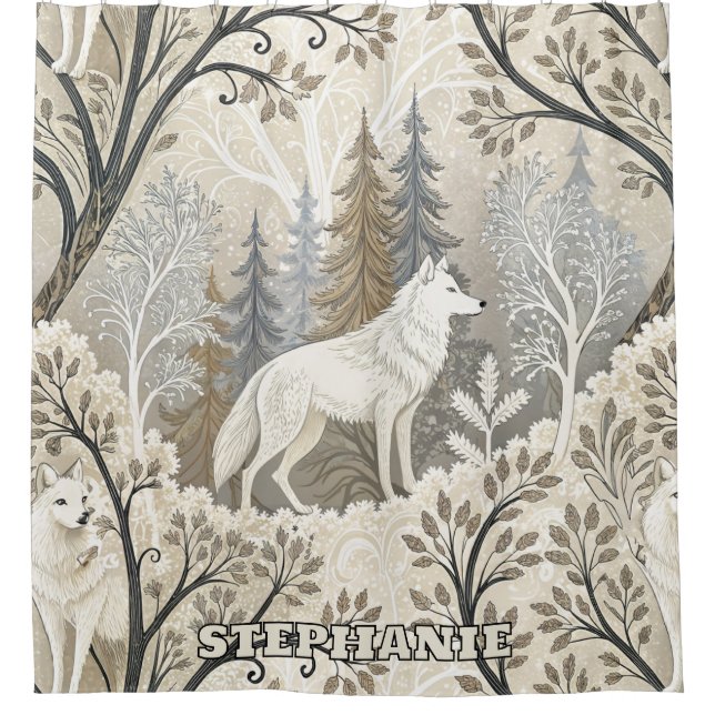 Tranquil Winter Forest Scene with White Wolves (Front)