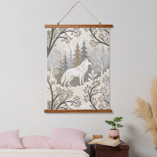 Tranquil Winter Forest Scene with White Wolves Hanging Tapestry