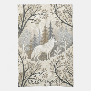 Tranquil Winter Forest Scene with White Wolves Kitchen Towel