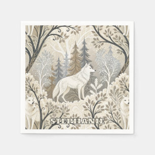 Tranquil Winter Forest Scene with White Wolves Napkin