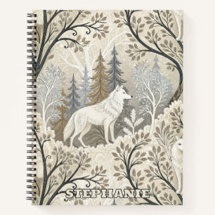 Tranquil Winter Forest Scene with White Wolves Notebook