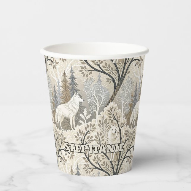 Tranquil Winter Forest Scene with White Wolves Paper Cups (Front)