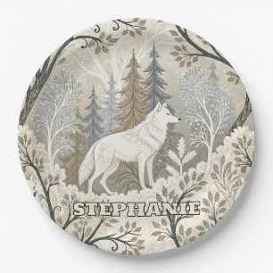 Tranquil Winter Forest Scene with White Wolves Paper Plate