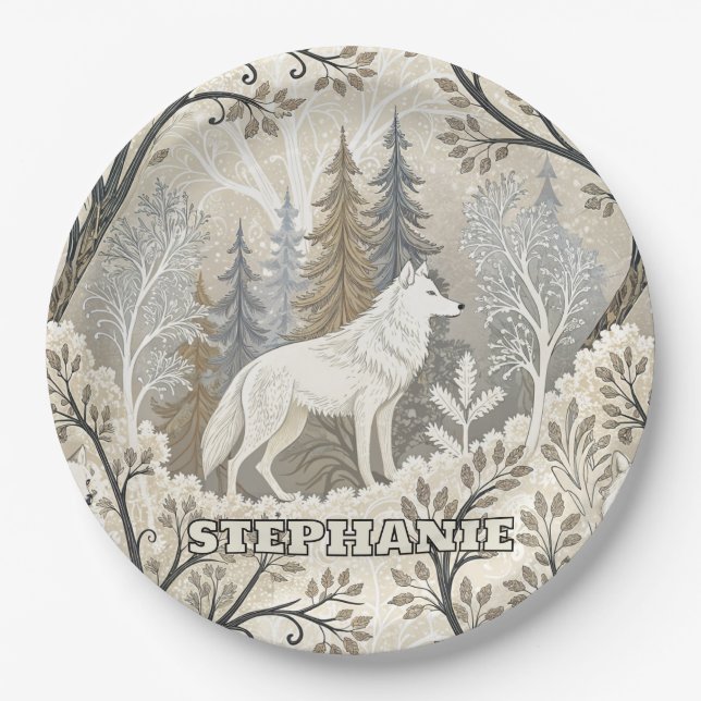 Tranquil Winter Forest Scene with White Wolves Paper Plate (Front)