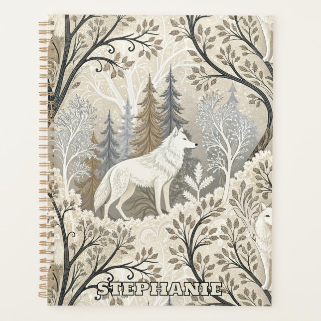 Tranquil Winter Forest Scene with White Wolves Planner (Front)
