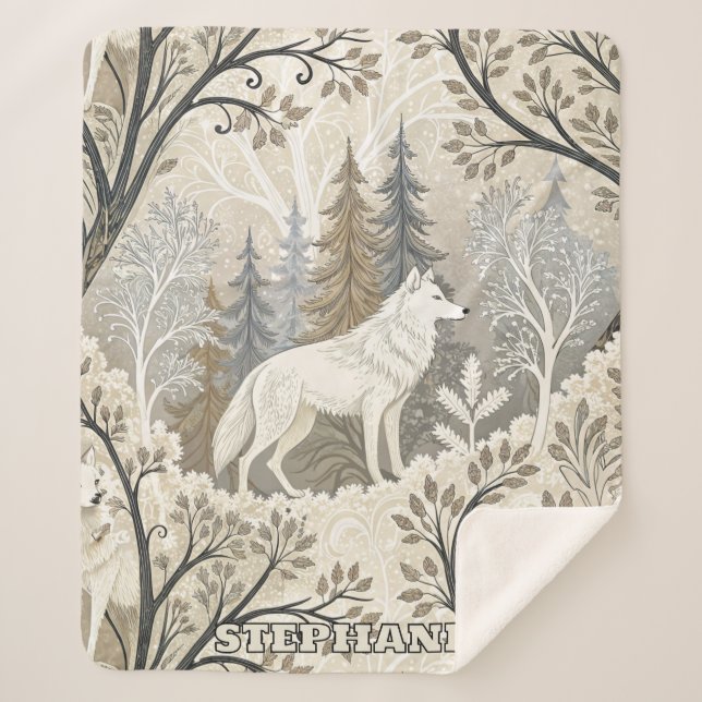 Tranquil Winter Forest Scene with White Wolves Sherpa Blanket (Front)