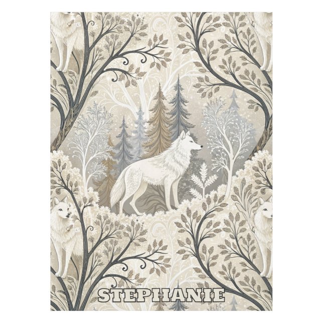 Tranquil Winter Forest Scene with White Wolves Tablecloth (Front)