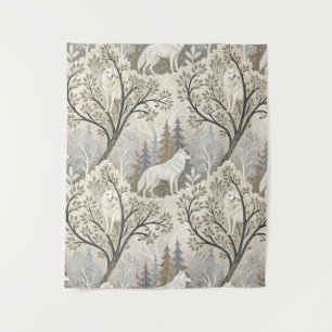 Tranquil Winter Forest Scene with White Wolves Tapestry