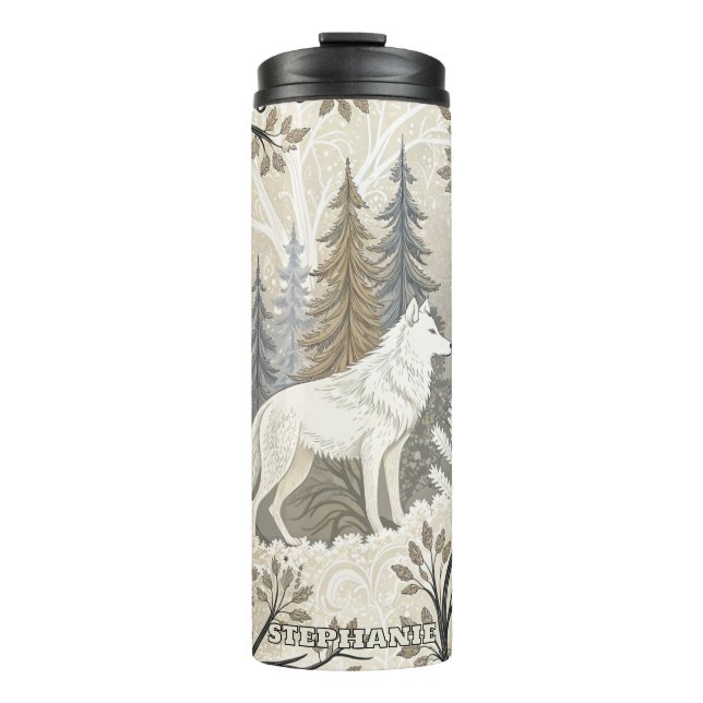Tranquil Winter Forest Scene with White Wolves Thermal Tumbler (Front)