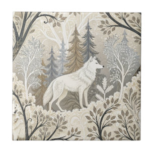 Tranquil Winter Forest Scene with White Wolves Tile