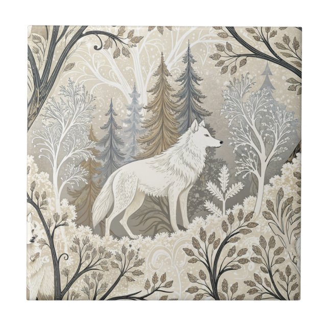 Tranquil Winter Forest Scene with White Wolves Tile (Front)