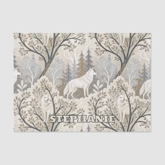 Tranquil Winter Forest Scene with White Wolves Tissue Paper (Front)