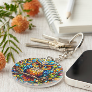 Tranquility in Glass Bench And Flowers On Stained Keychain