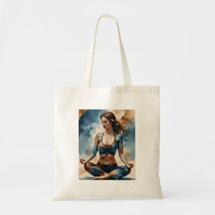 Tranquility meditating woman in blue and brown  tote bag