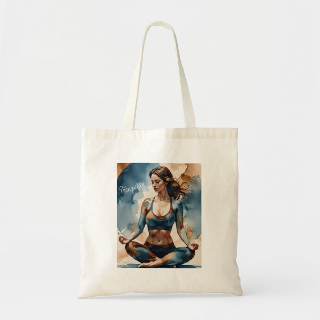 Tranquility meditating woman in blue and brown  tote bag (Front)