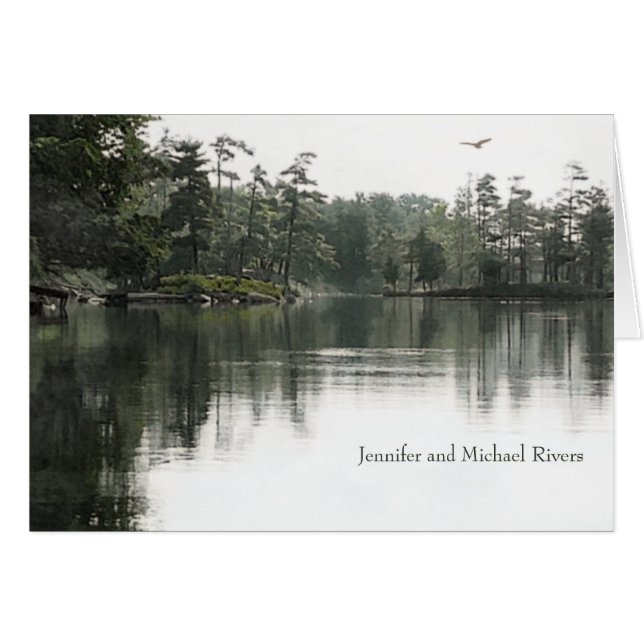 Tranquille lac rustique evergreens mariage Merci (Devant Horizontal)