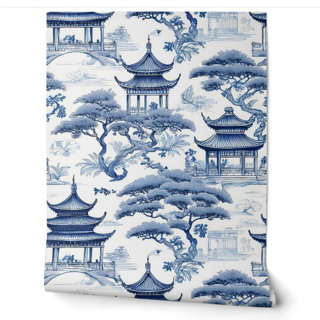 Tranquillity Blue & White Chinoiserie Garden Wallpaper (Unrolling)