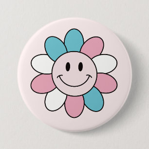 Trans flag color with a daisy flower smile 3 inch round button