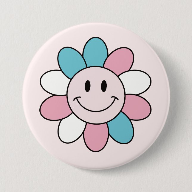 Trans flag colour with a daisy flower smile 3 inch round button (Front)