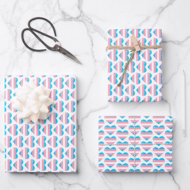 Trans Flag Heart Pattern Wrapping Paper Sheet (Front)