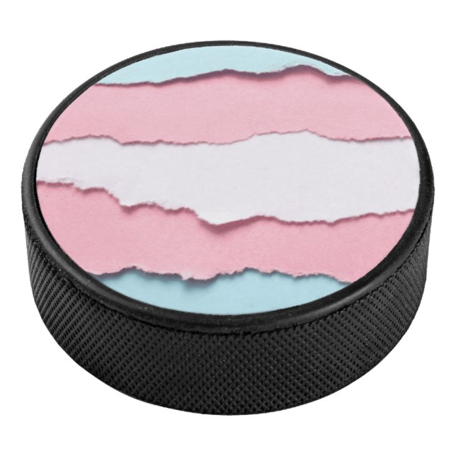 trans flag torn design on hockey Puck (3/4)