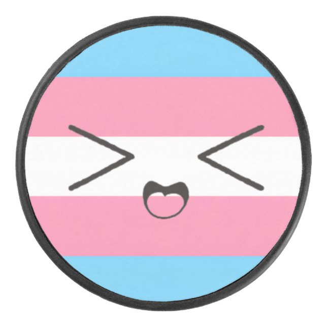 trans flag with cute excited face hockey puck (Front)