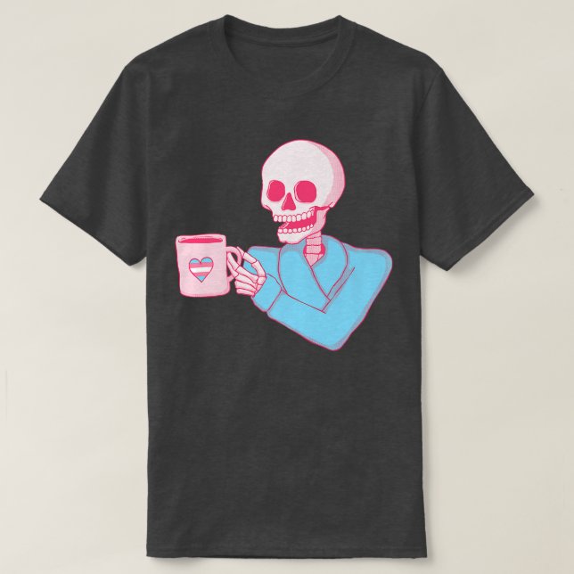 Trans Pride Skeleton Drinking Coffee Transgender  T-Shirt (Design Front)