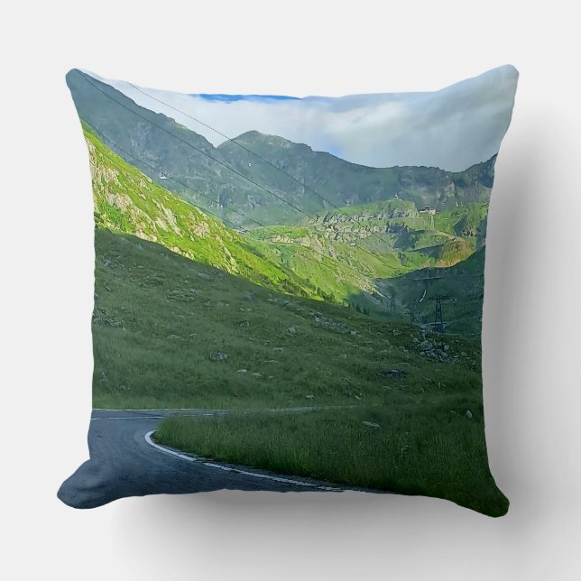 Transfagarasan Alpine View – Romania Mountain Art Throw Pillow (Front)