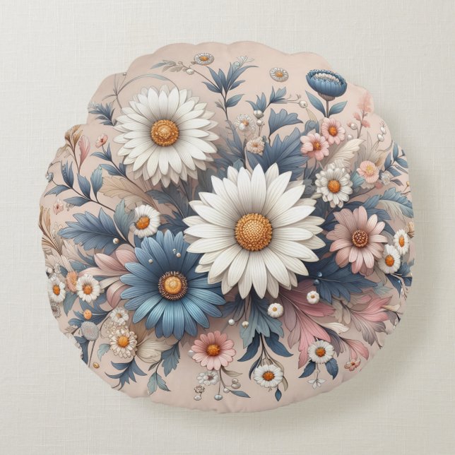 Transform Your Space with Elegant Daisy Floral Round Pillow (Front)