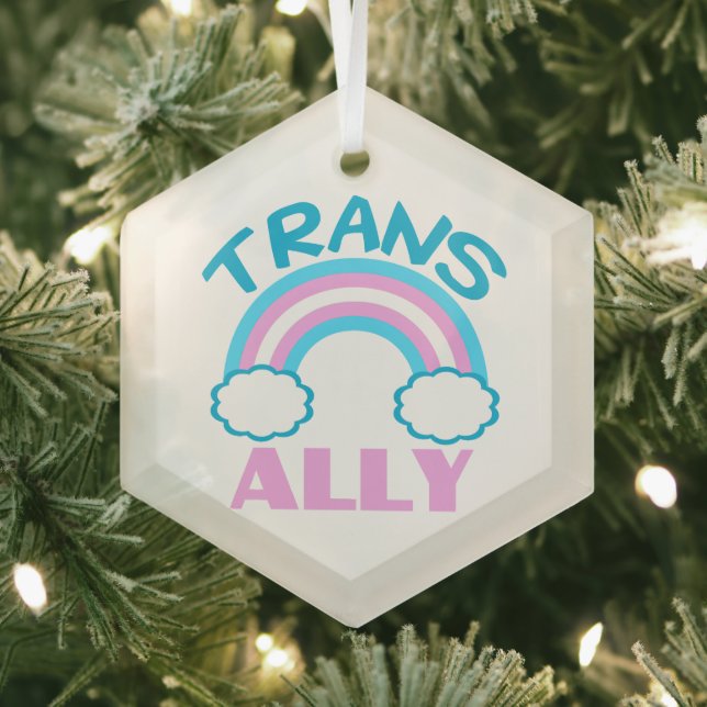 Transgender Ally Trans Rainbow Pretty Christmas Glass Ornament (Insitu)