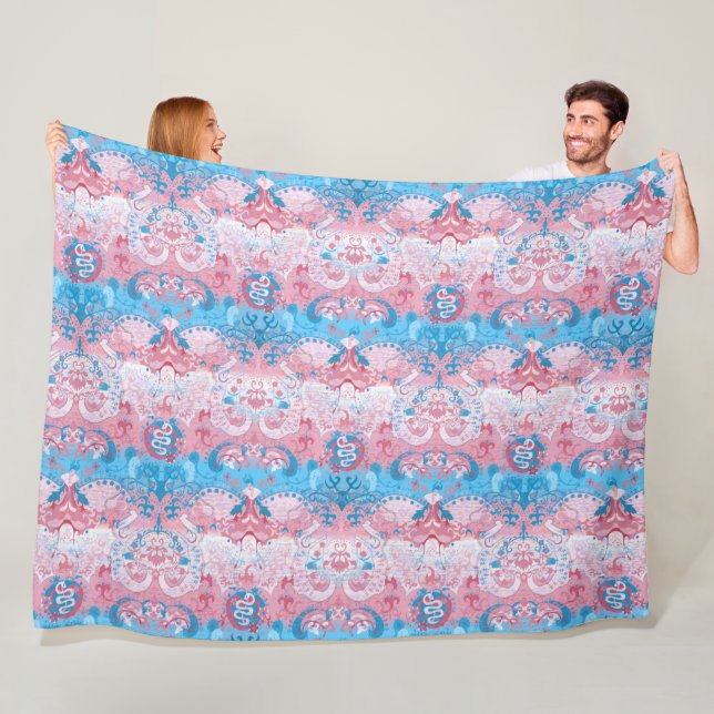 Transgender Dragon Damask - Trans Pride Flag Colou Fleece Blanket (In Situ)