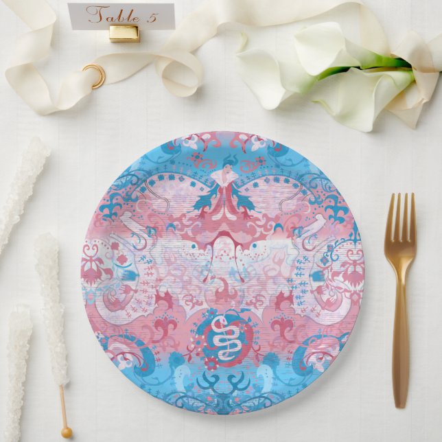 Transgender Dragon Damask - Trans Pride Flag Colou Paper Plate (Wedding)