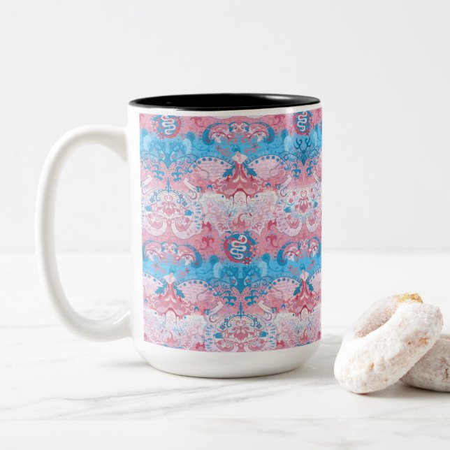 Transgender Dragon Damask - Trans Pride Flag Colou Two-Tone Coffee Mug (With Donut)