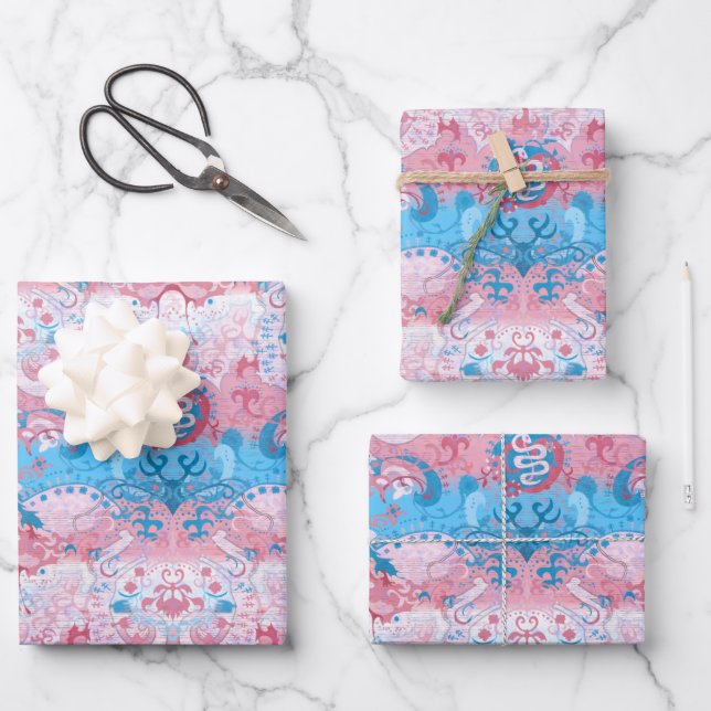 Transgender Dragon Damask - Trans Pride Flag Colou Wrapping Paper Sheet (Front)