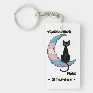 Transgender Pride – Black Cat on Trans Flag Moon Keychain