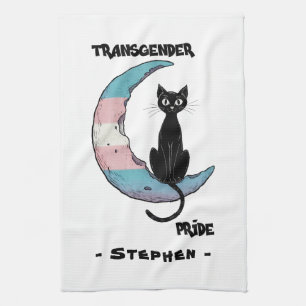 Transgender Pride – Black Cat on Trans Flag Moon Kitchen Towel