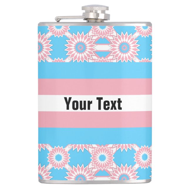 Transgender pride flag with a blue flower pattern hip flask (Front)