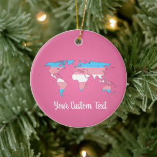 Transgender pride flag with a world map ceramic o ceramic ornament