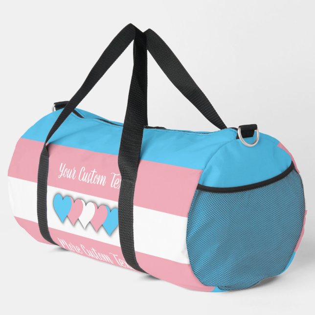 Transgender pride flag with text duffle bag (Right Corner)