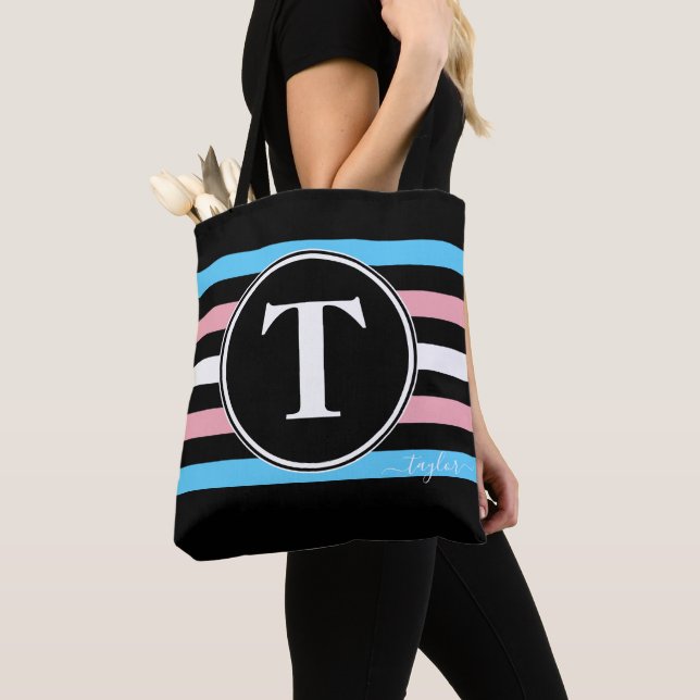 Transgender Stripes Monogram Name Black Gay Pride Tote Bag (Close Up)