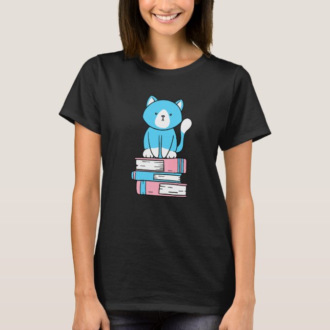 Transgender Subtle Pride Cute Cat Book Pile Trans  T-Shirt (Front)